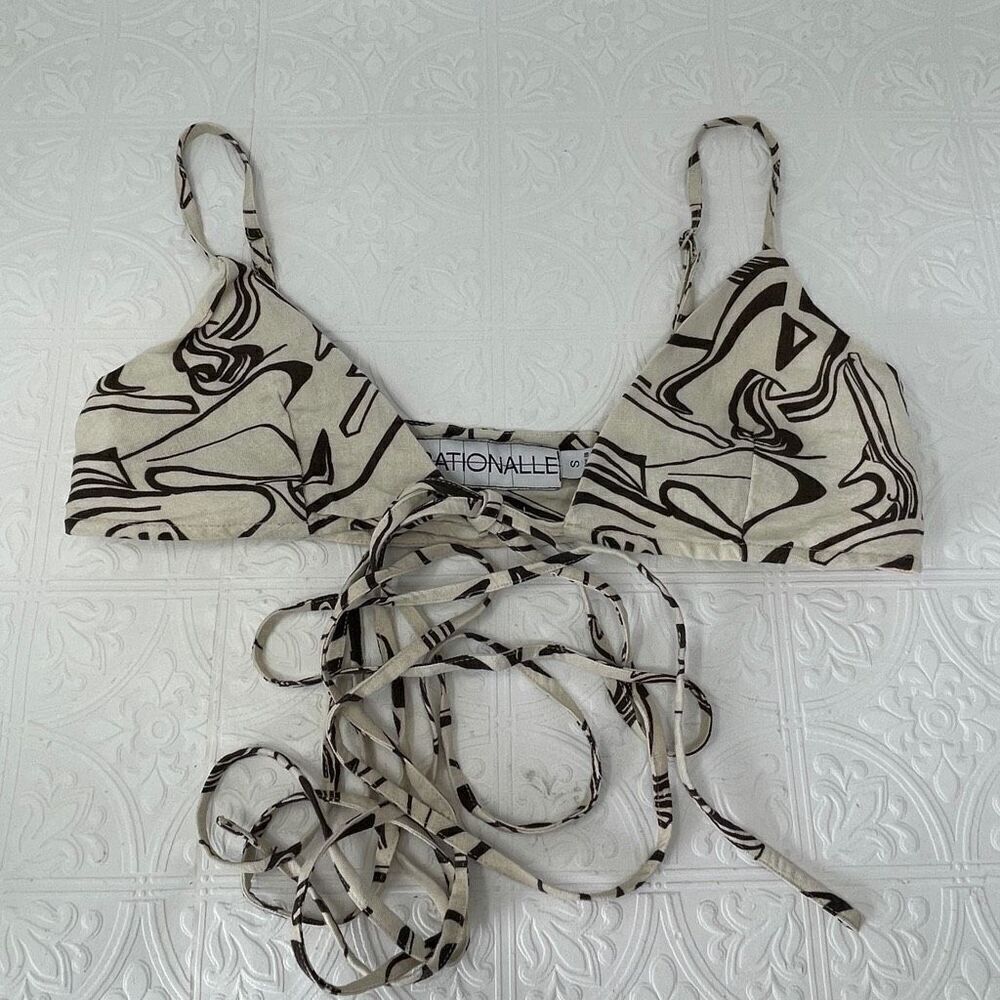 Rationalle Brown Cream Abstract Linen Tie Front Halter Strappy Bikini Top Small